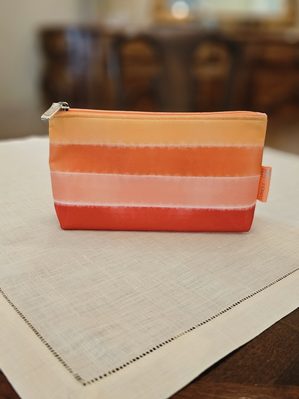 Clinique Jonathan Cohen Makeup Cosmetic Top Pouch Bag Orange/Red Striped 7×4x2